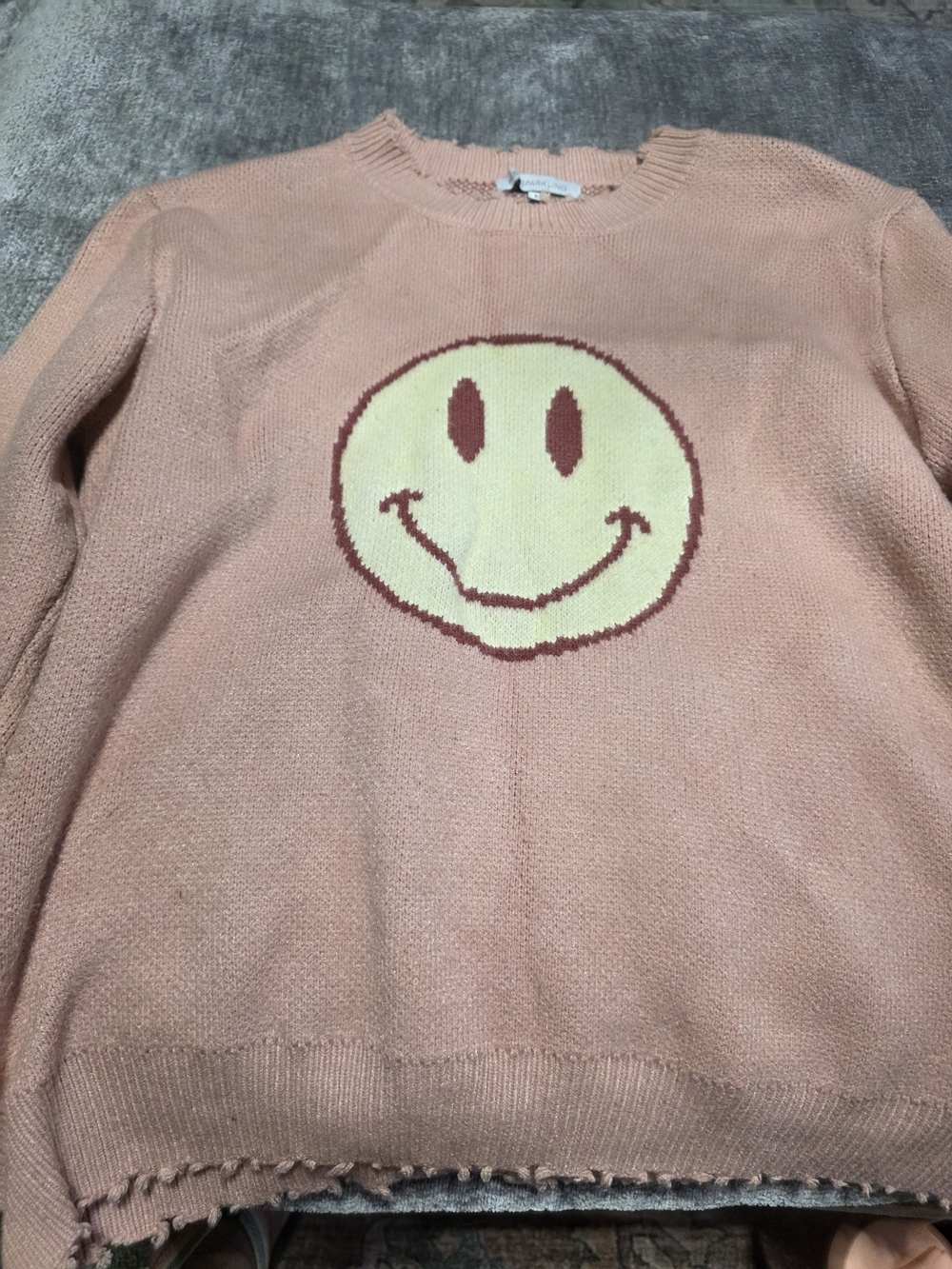 Miss Sparkling Smiley Face Distressed Sweater Size Medium Pink Y2K